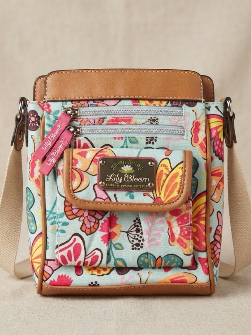 Lily Bloom Teal, Pink & Orange Floral Butterfly Fun Crossbody Bag